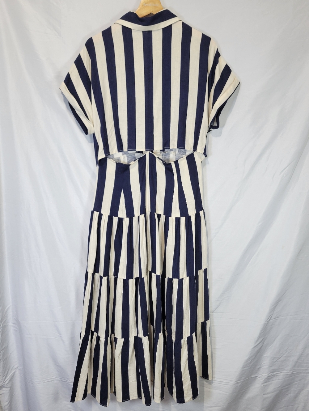 Zara Striped Tiered Linen Blend Cut Out Midi Shirt Dress Nautical Coastal Boho - Picture 13 of 16